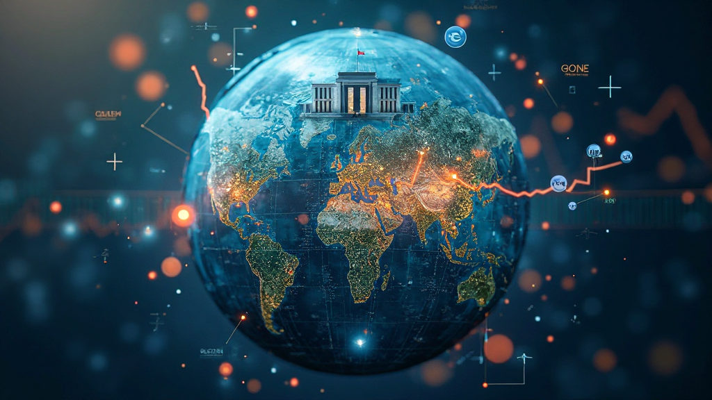 2026년 한국 주식시장에 영향을 미치는 미국 금리 정책, 글로벌 경기 회복, 환율 변동성, 지정학적 리스크를 상징하는 지구본 이미지