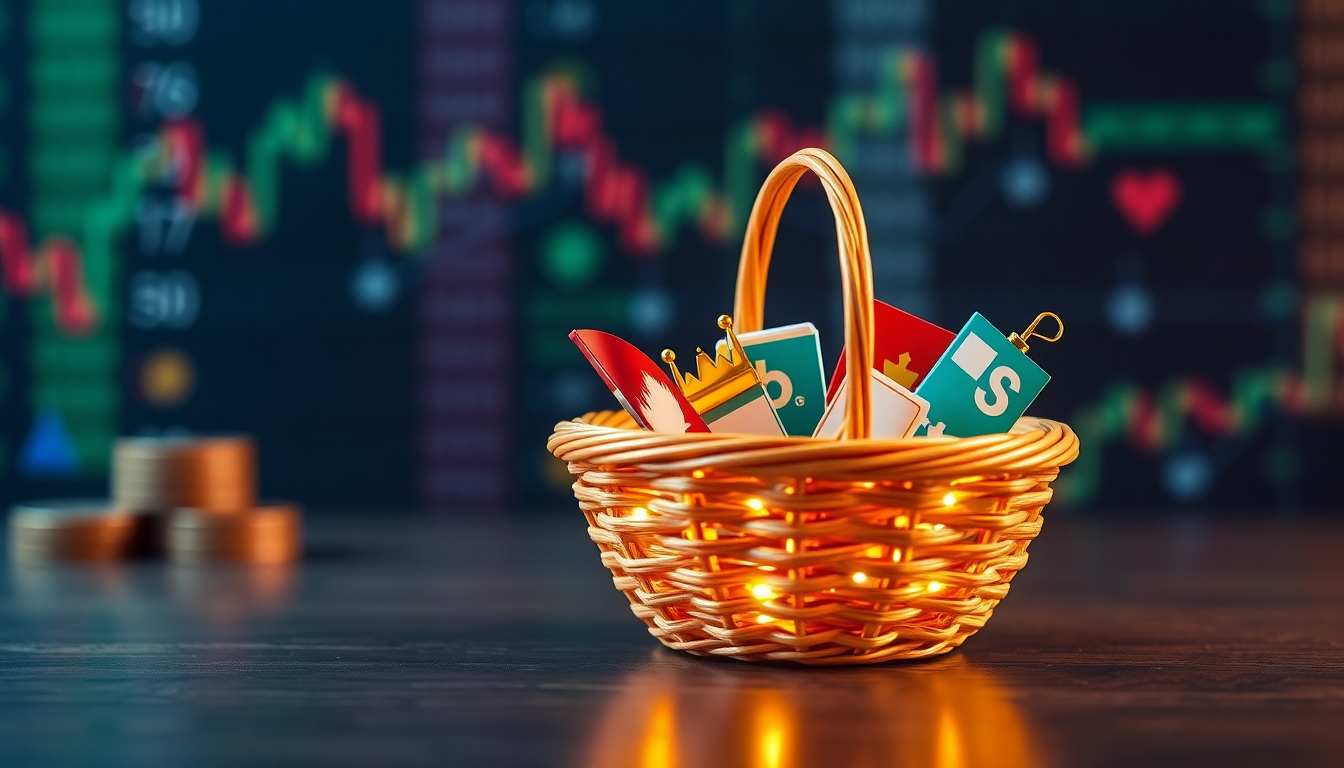 한 바구니에 담긴 다양한 기업주식들로 분산투자의 개념을 시각화한 이미지