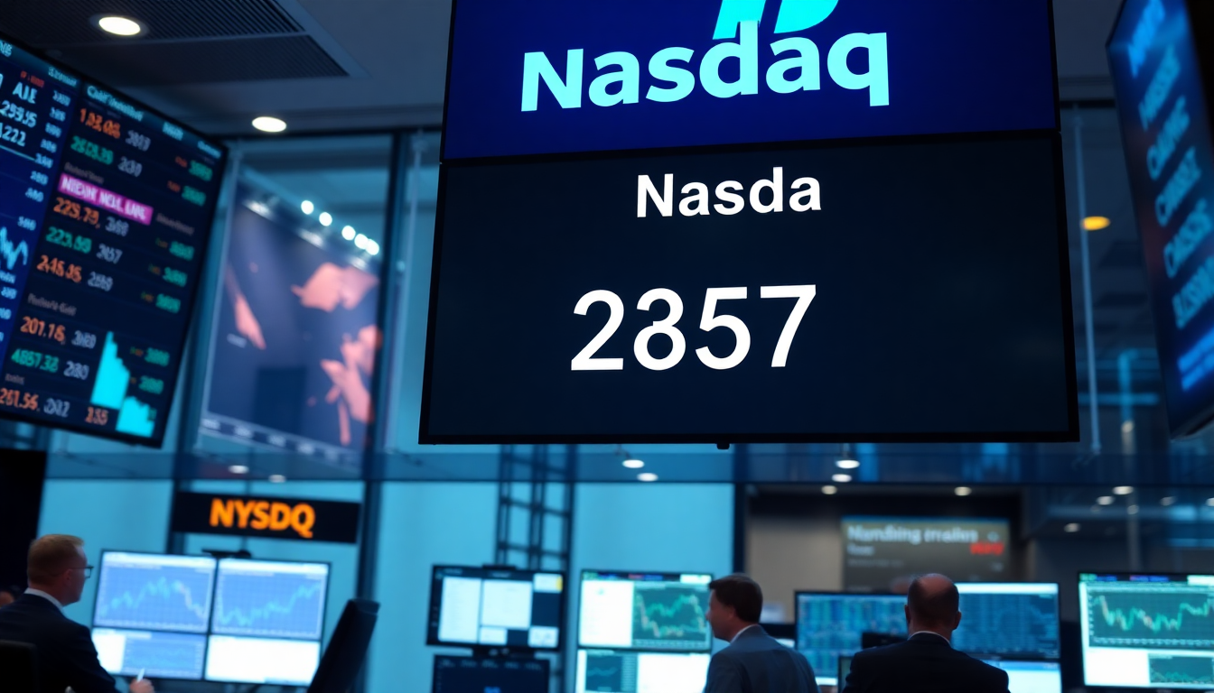 나스닥 지수가 23857 포인트 근처에서 변동성을 보이는 현대적인 금융 트레이딩룸 내부 모습