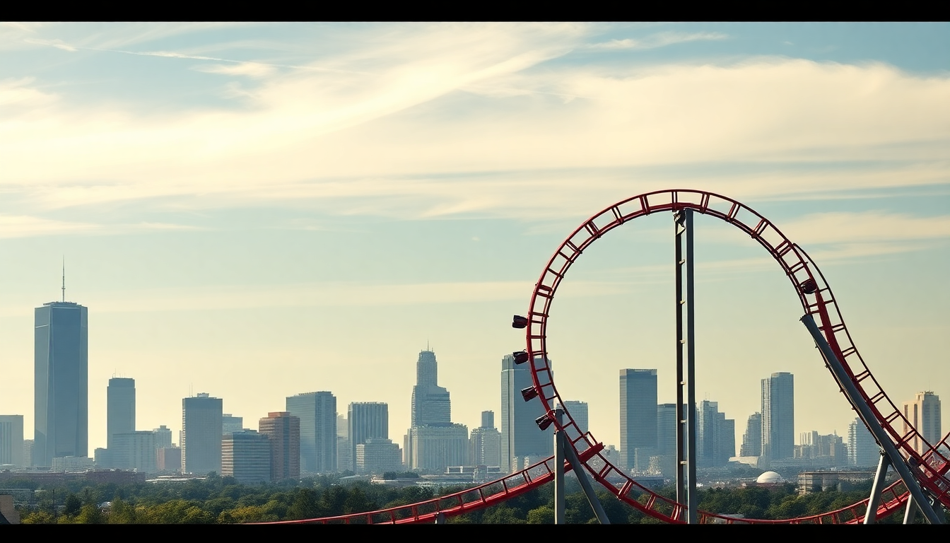 TIRX 주가의 롤러코스터 같은 변동성을 나타내는 도시 배경의 롤러코스터와 주식 차트