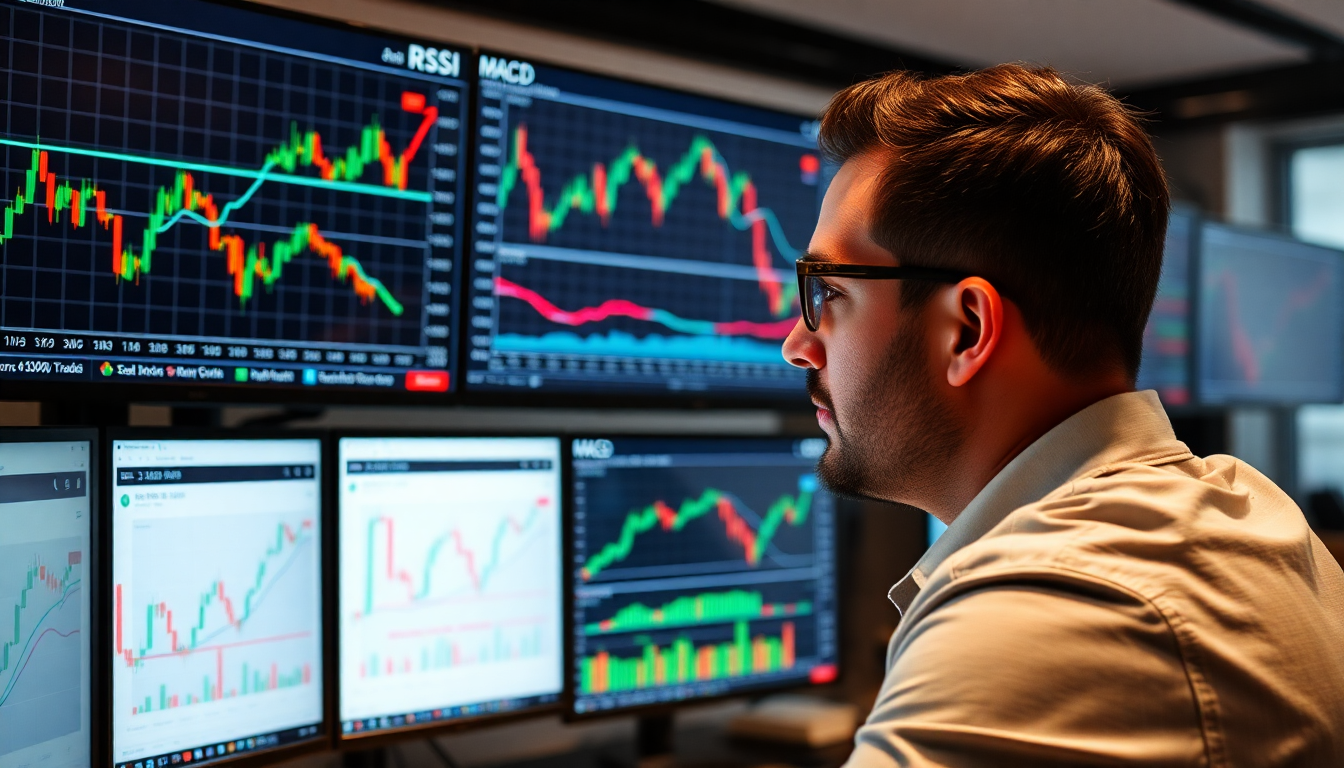 RSI, MACD, 이동평균선 매수 신호와 거래량 증가를 분석하는 트레이더와 다중 차트의 현대적 트레이딩 환경