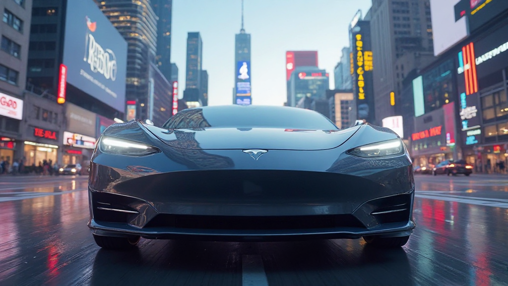 미래 도시 배경에서 테슬라 전기차와 함께 355.28 달러의 주가가 디지털로 표시된 모습