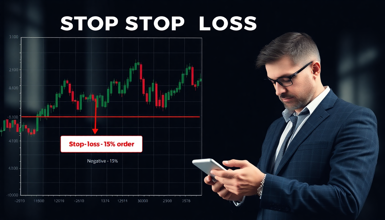 -12%에서 -15% 손절매 구간을 표시한 주가 차트와 차분하게 매도 주문을 실행하는 투자자 모습