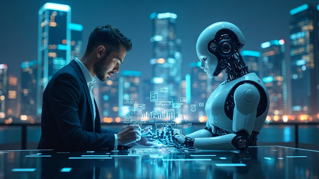 인간 투자자와 AI가 협력하며 주식 투자를 진행하는 모습