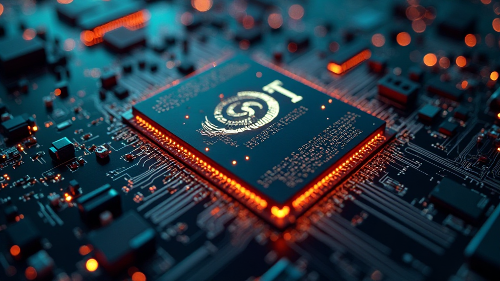 AI 칩 시장에서의 리더십과 성장을 보여주는 엔비디아 반도체 칩과 데이터센터 배경의 미래지향적 이미지