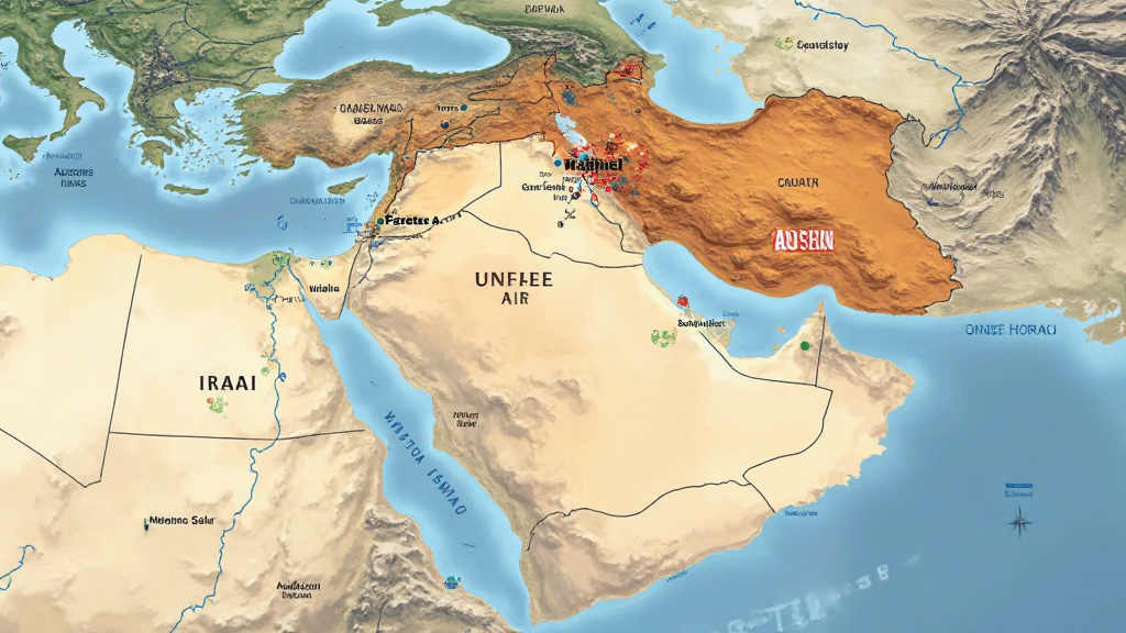 중동 지역과 호르무즈 해협, 후티 반군과 이란-이스라엘 군사 긴장을 강조한 전략적 갈등 지도