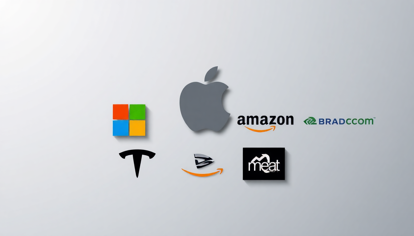 나스닥 100 지수 상위 기업들의 로고와 상징들이 모여 혁신과 기술 리더십을 나타내는 이미지