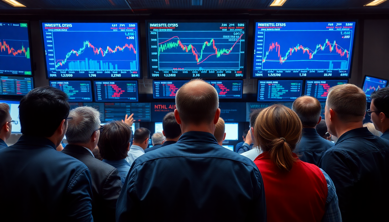 M&A 루머와 투자자들의 기대 심리를 보여주는 투자자들이 여러 화면을 주시하는 모습