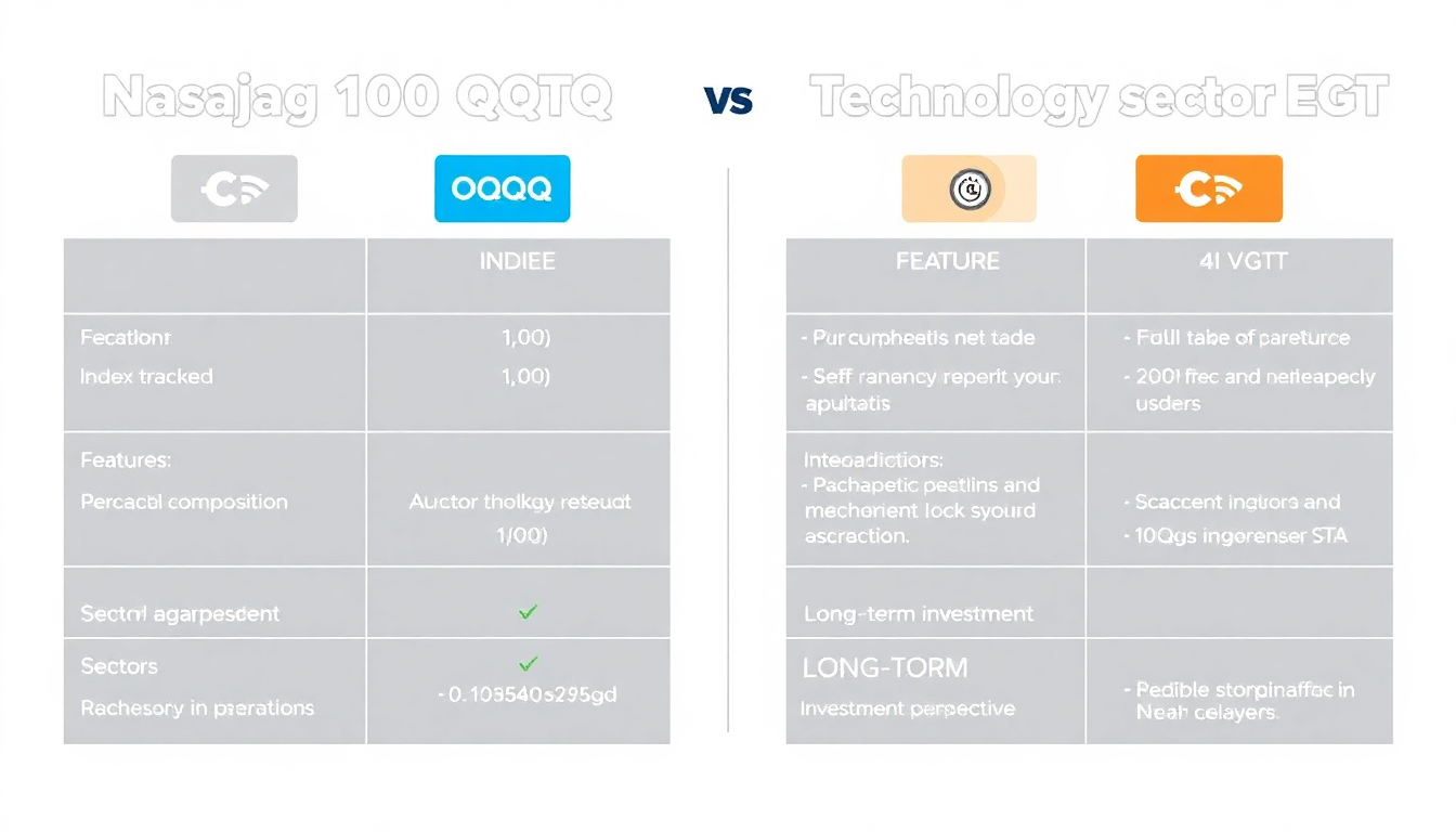 나스닥 100 ETF QQQ와 기술 섹터 ETF VGT의 특성과 구성 비교 인포그래픽