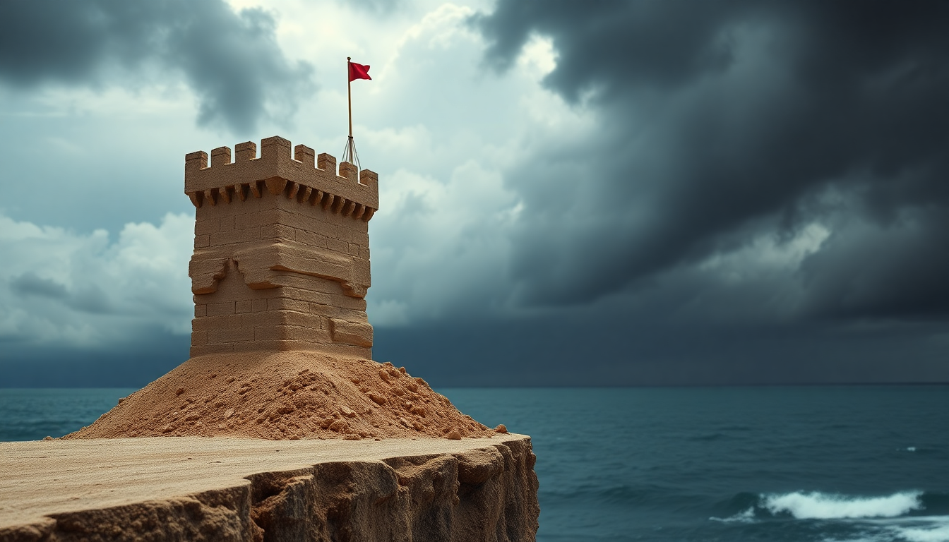 높은 밸류에이션과 급락 가능성을 상징하는 절벽 끝 모래성 이미지