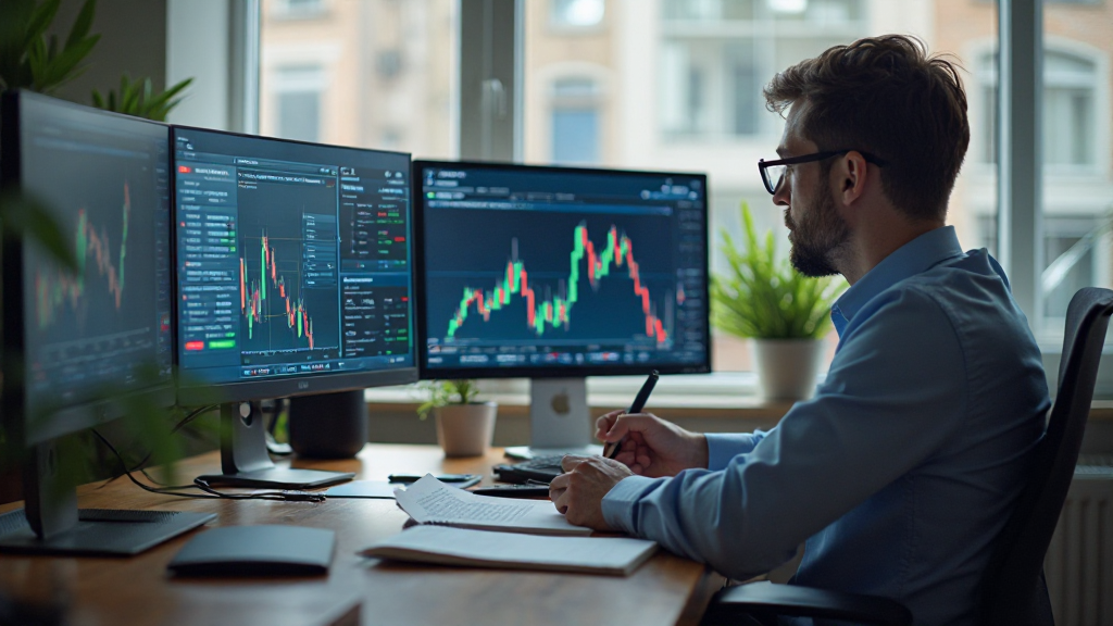 단기 투자자가 뉴스, 주가 차트, 리스크 관리 체크리스트를 보며 신중하게 투자 전략을 세우는 모습