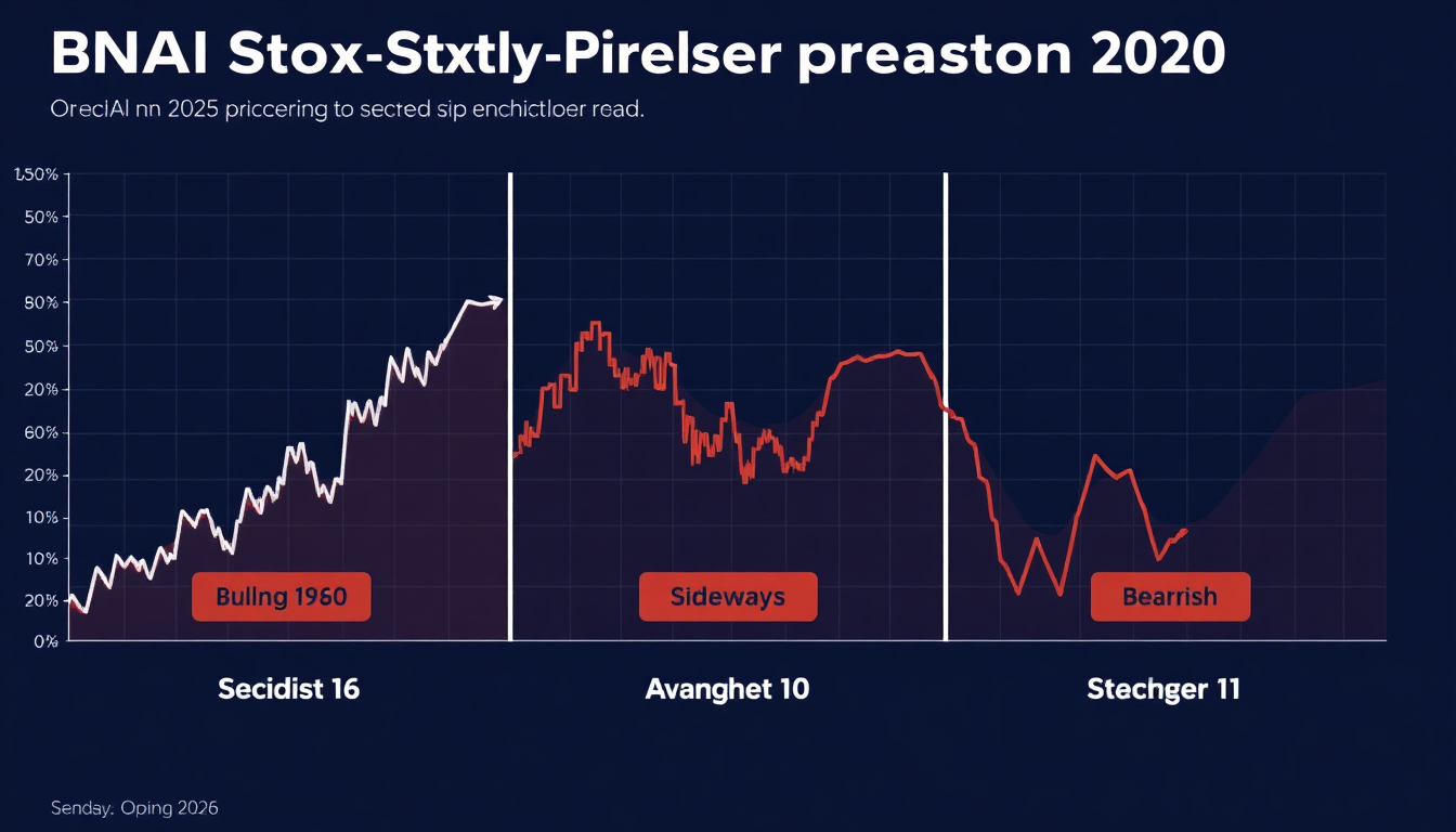BNAI 주가 전망 3가지 시나리오를 보여주는 분할된 금융 차트 이미지