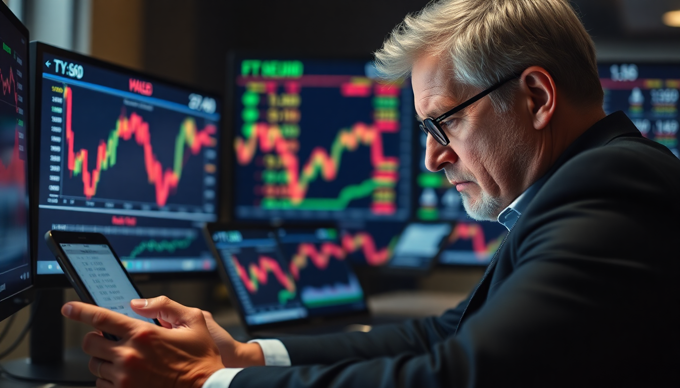 극심한 변동성을 지닌 주식에서 손절매 주문을 설정하며 주식을 모니터링하는 투자자 이미지