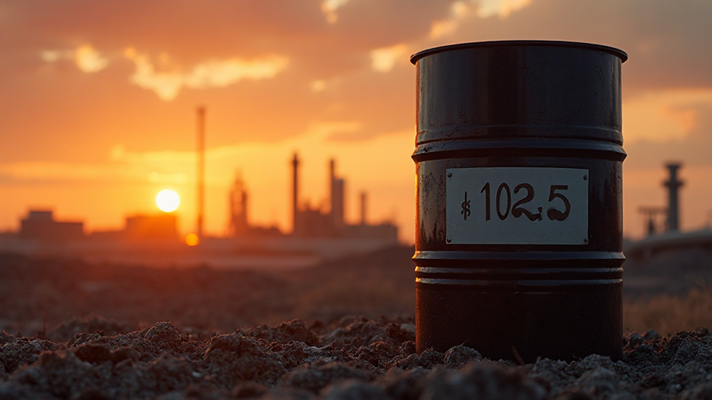 중동전쟁으로 인해 국제 유가가 100달러를 넘긴 모습을 석유 배럴과 정유 시설 풍경으로 표현