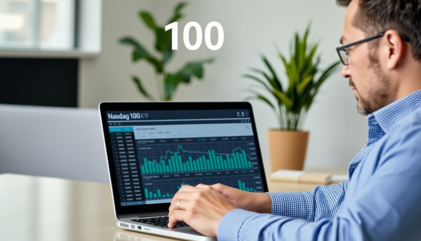 나스닥 100 ETF 포트폴리오를 확인하며 투자 계획을 세우는 자신감 있는 투자자 모습